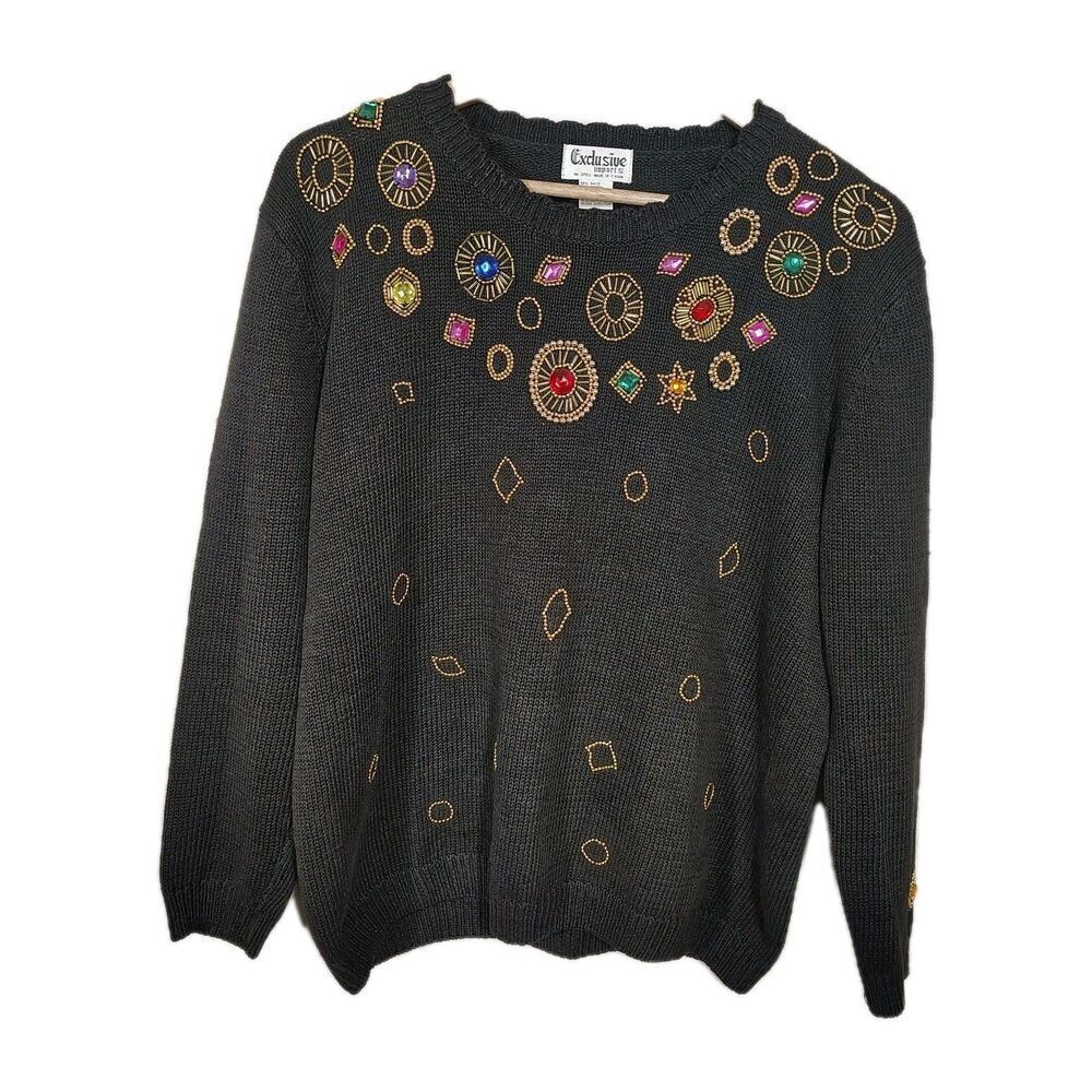 Vintage 80s Gold Beaded Sweater Womens Size L Black Embellished Jewel Knit - Picture 2 of 8